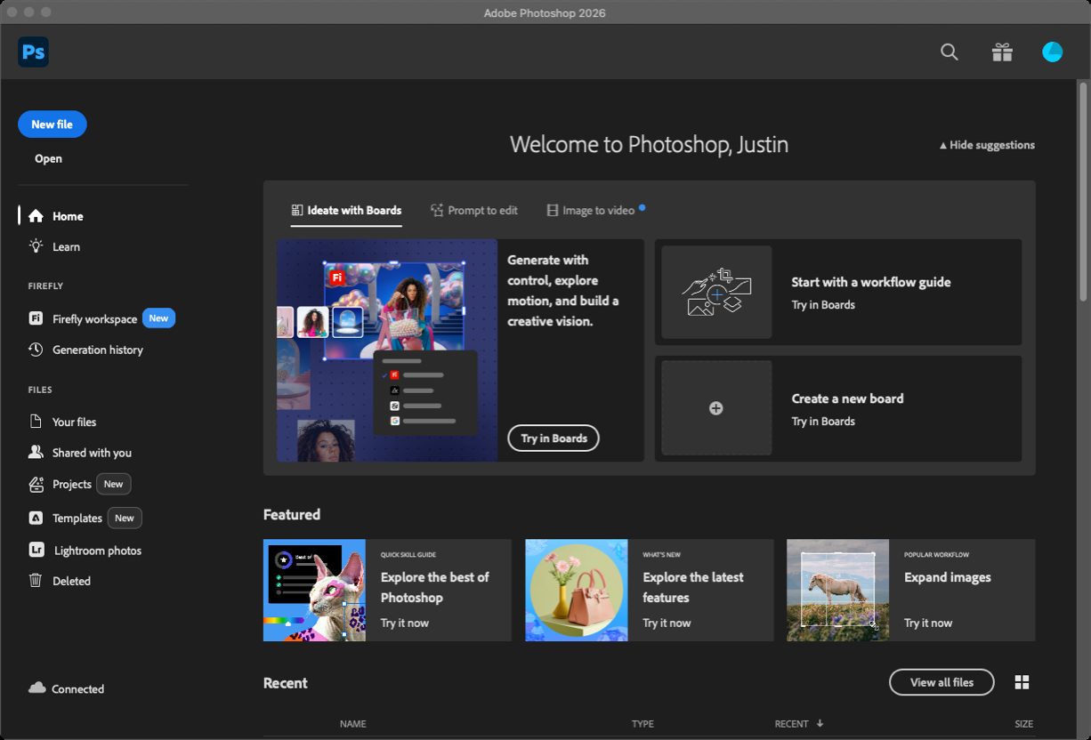 Photoshop welcome screen streamed from the Mac